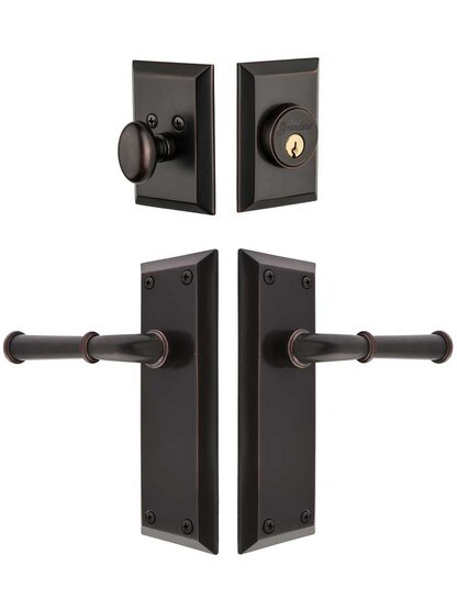 Grandeur Fifth-Avenue Entry Door Set, Keyed Alike with Georgetown Levers in Timeless Bronze.